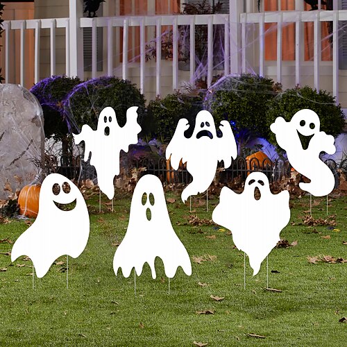 

1 Stück weiße Halloween-Geister-Hofschilder mit Pfählen, gruselige Silhouette, Halloween-Dekorationen für den Außenbereich, Hof, Rasen, Garten, Halloween-Dekoration