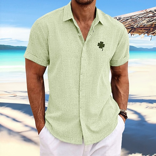 

Homme Chemise Chemise Lin Imprimés Photos Clover Col rabattu Blanche Bleu Vert Kaki Gris Extérieur Plein Air Manches courtes Imprimer Vêtement Tenue Lin Mode Design Décontractées Flexible