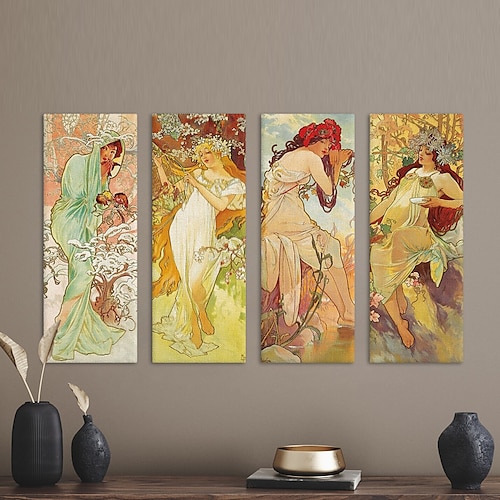 

célèbre ensemble complet mucha les quatre saisons peintes à la main 4 alphonse mucha reproduction peinture à l'huile belle vintage mucha comme pièce de collection cadeau de noël (pas de cadre)