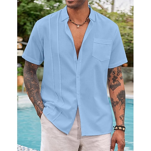 

Men's Shirt Guayabera Shirt Linen Shirt Button Up Shirt Summer Shirt Beach Shirt Black White Blue Short Sleeve Plain Band Collar Summer Casual Daily Clothing Apparel Patchwork