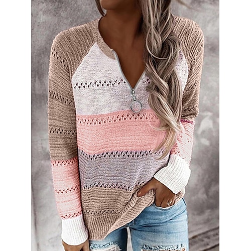 

Women's Pullover Sweater Jumper Half Zip V Neck Ribbed Knit Polyester Patchwork Zipper Summer Fall Outdoor Home Daily Stylish Casual Soft Long Sleeve Color Block Pink Purple Coffee S M L