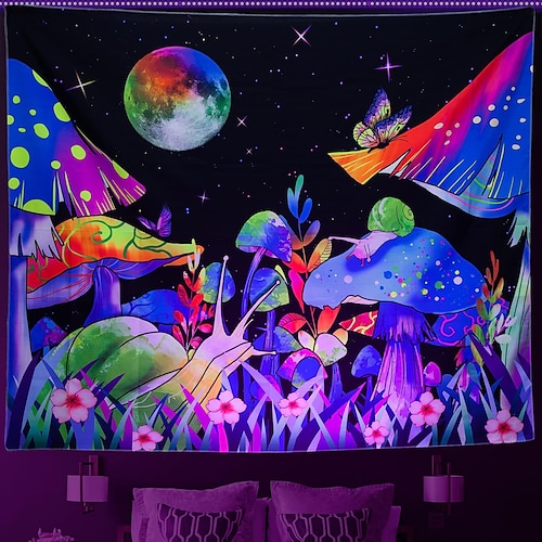 

Schwarzlicht-Wandteppich, UV-reaktiv, ästhetisch, Mond, trippy, nebliger Pilz, Naturlandschaft, hängender Wandteppich, Wandkunst-Wandbild für Wohnzimmer, Schlafzimmer