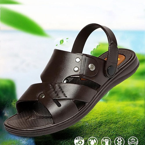 

Men's Sandals Leather Sandals Casual Daily Walking Shoes PU Breathable Comfortable dark brown Black Summer