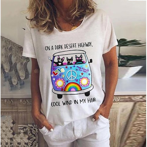 T shirt Tee Femme Blanche Rose Claire Gris Chat Imprimer Manche Courte du quotidien Fin de semaine basique Col Rond Normal Standard Chat Peinture S