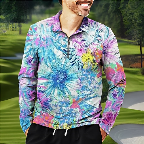 

Homens Camisa polo de caminhada Camisa de golfe Respirável Secagem Rápida Pavio Humido Manga Longa Vestuário de golfe Roupas de golfe Normal Zíper Colarinho Alto Floral Primavera Outono Tênis Golfe