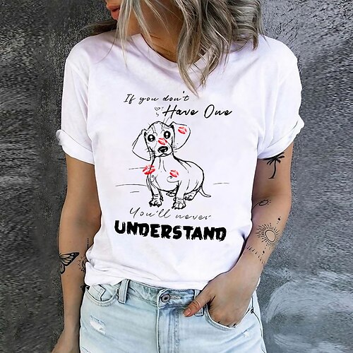 

Women's T shirt Tee White Pink Blue Dog Letter Print Short Sleeve Daily Weekend Basic Round Neck Regular Painting S