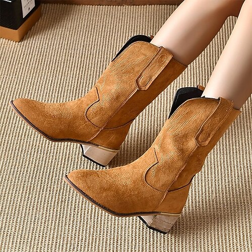 

Femme Bottes Chaussures en daim Bottes Cow boy Grandes Tailles du quotidien Bottes mi-mollet Hiver Broderie Talon bloc Bout pointu Rétro Vintage Daim Mocassins Broderie Noir Marron