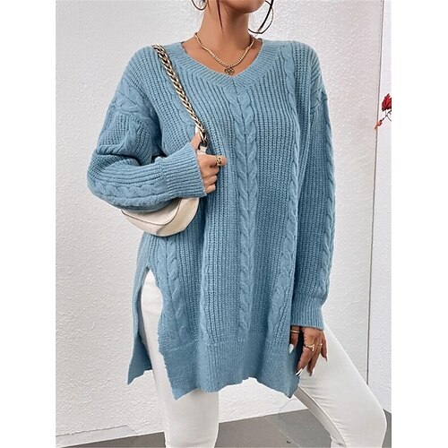 

Pull Maille Femme torsadé Tricoter Fendu Couleur unie Col V mode Décontractées du quotidien Sortie manche longue Automne Hiver Bleu S M L