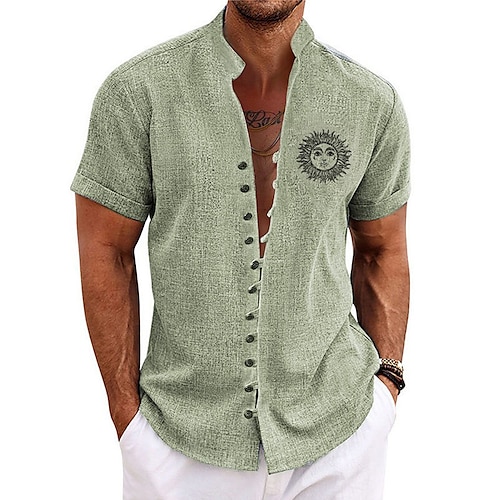 

Men's Shirt Linen Shirt Sun Graphic Prints Vintage Stand Collar Blue Green Khaki Light Blue Gray Outdoor Street Short Sleeve Print Clothing Apparel Linen Fashion Streetwear Designer Casual
