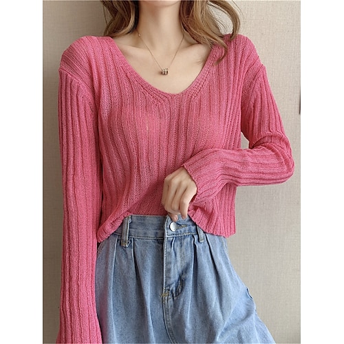 

Mulheres Pulôver suéter Saltador Estriado Tricotar Superdimensionado Côr Sólida Gola Redonda à moda Casual Diário Para Noite Verão Primavera Preto Branco Tamanho Único