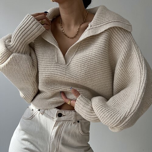

Mujer Suéter de punto Puente Estriado Tejer De Gran Tamaño Color sólido Cuello Camisero Elegante Casual Diario Noche Verano Primavera Caqui Beige S M L