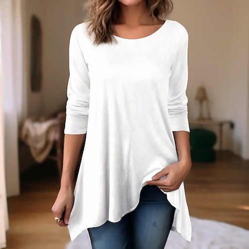 

Women's T shirt Tee Black White Pink Plain Flowing tunic Long Sleeve Daily Weekend Fashion Daily Basic Round Neck Regular Fit Fall & Winter