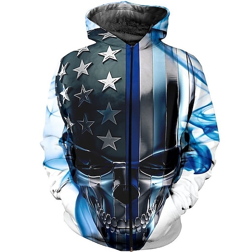 

Men's Full Zip Hoodie Jacket Blue Hooded Skull Graphic Prints National Flag Zipper Print Sports Outdoor Daily Sports 3D Print Streetwear Designer Casual Spring Fall Clothing Apparel Hoodies