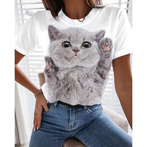 

Damen T Shirt Weiß Katze 3D Bedruckt Kurzarm Täglich Wochenende Basic Rundhalsausschnitt Standard 3D Cat Farbe S