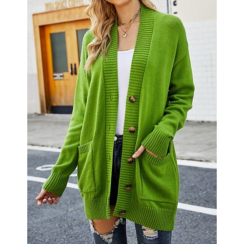 

Mulheres Sueter Cardigan Saltador Estriado Tricotar Botão Bolsos Côr Sólida Decote V à moda Casual Diário Feriado Verão Outono Roxo Verde S M L