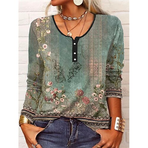 

Mujer Camiseta Verde Trébol Floral Botón Estampado Manga Larga Festivos Fin de semana Básico Escote Redondo Regular Flor Pintura S