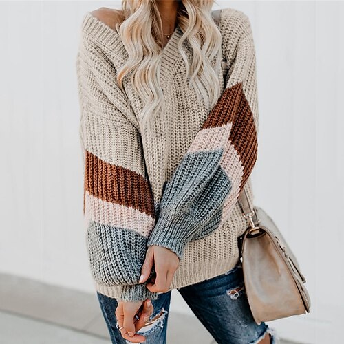 

Mulheres Pulôver suéter Saltador Estriado Tricotar Patchwork Bloco de cor Decote V à moda Casual Ao ar livre Diário Manga lanterna Outono Inverno Preto Rosa S M L