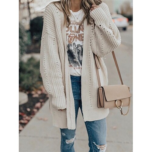 

Mulheres Sueter Cardigan Saltador Crochê Tricotar Vazado Côr Sólida Abertura Frontal à moda Casual Ao ar livre Diário Verão Outono Bege S M L