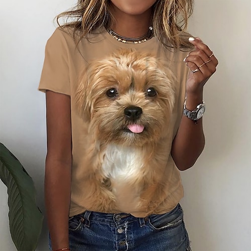 

Damen T Shirt Braun Hund 3D Bedruckt Kurzarm Täglich Wochenende Basic Rundhalsausschnitt Standard Farbe S