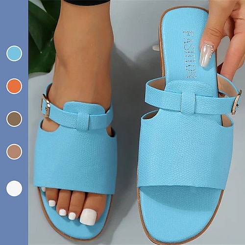 

Damen Sandalen Hausschuhe Slippers Hausschuhe im Freien Outdoor Strand Sommer Flacher Absatz Elegant Brautkleider schlicht Minimalismus PU Halbschuhe Feste Farbe Rotgold Weiß Blau