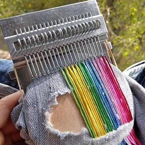 Small Loom Speedweve Type Weave Tool Wooden Fun Mending Loom Metal DIY Textile Tools Darning Machine Loom Mending Jeans Clothes