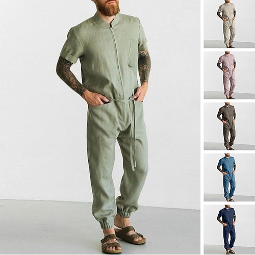 

Homme 2 Pièces Ensemble chemises Ensemble été Vert militaire Rose Claire Bleu foncé Plein Col Mao Printemps Automne Casual du quotidien Vêtement Tenue Cordon