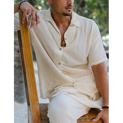 

Hombre camisa de lino Camisa de verano Camisa de playa Beige Manga Corta Plano Diseño Primavera verano Hawaiano Festivos Ropa Básico