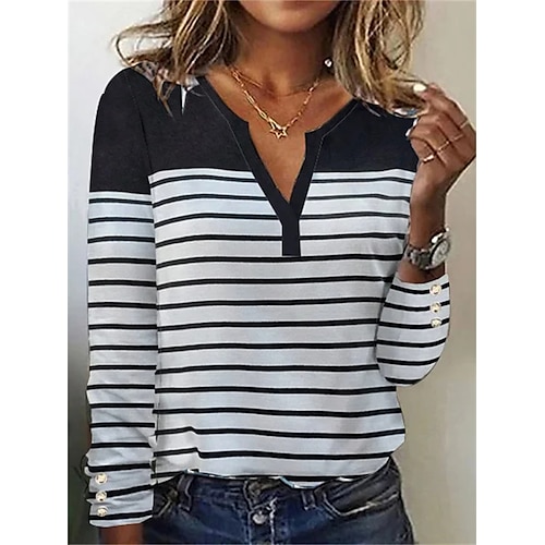 

Damen T Shirt Schwarz Gestreift Bedruckt Langarm Täglich Wochenende Basic V Ausschnitt Standard Farbe S