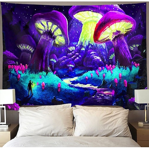 

Tapiz de luz negra uv reactivo trippy misty seta paisaje natural tapiz colgante pared arte mural para sala de estar dormitorio