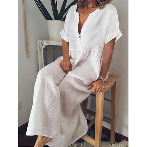 

Women's Casual Dress Cotton Linen Dress Maxi long Dress Cotton Blend Basic Classic Outdoor Daily Vacation Split Neck Button Short Sleeve Summer Spring 2023 Loose Fit Black White Blue Plain S M L XL