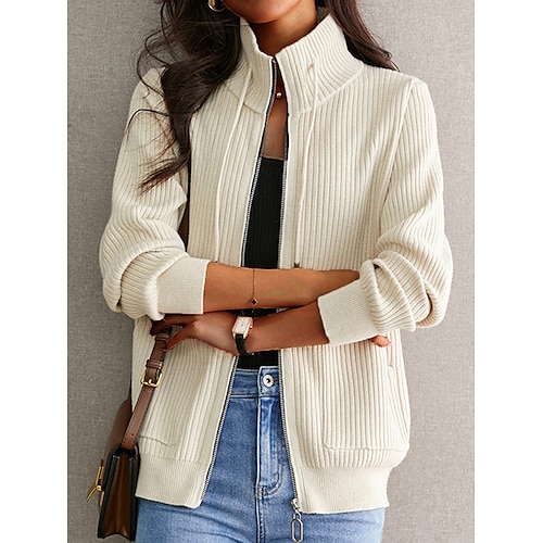 

Damen Strickjacke Strickwaren Gerippt Stricken Zip Tasche Feste Farbe Ständer Stilvoll Brautkleider schlicht Outdoor Täglich Sommer Herbst Schwarz Gelb Rote Einheitsgröße