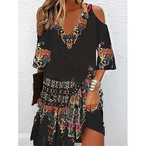 

Mulheres Vestido casual vestido étnico Vestido de verão Floral Imprimir Ombro frio Imprimir pescoço recortado Minivestido Vintage Étnico Ao ar livre Diário Meia Manga Ajuste Largo Preto Amarelo Vinho
