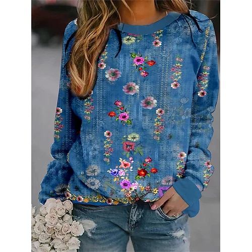 

Mulheres Moletom Estacionar Básico Azul Floral Casual Decote Redondo Manga Longa