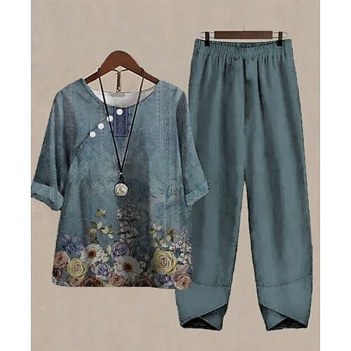 

Mulheres Camisa Social Conjuntos de calças Calças Básico Azul Roxo Feriado Final de semana Floral Imprimir Decote Redondo S M L XL 2XL
