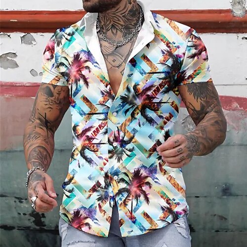 

Hombre Camisa camisa hawaiana Floral Árbol de coco Estampados Geometría Cuello Vuelto Negro Blanco Exterior Calle Mangas cortas Estampado Ropa Moda Ropa de calle Design Casual
