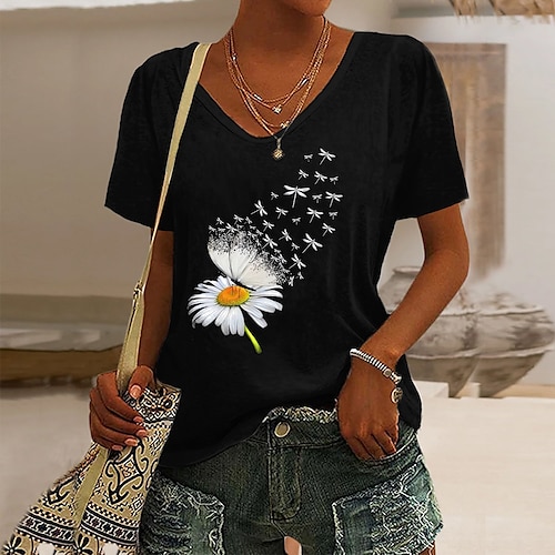 

Women's T shirt Tee Floral Butterfly Holiday Weekend Print Black Short Sleeve Basic V Neck