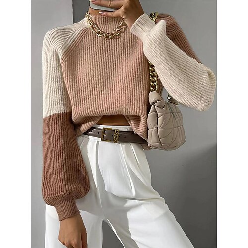 

Mujer Suéter de punto Puente Estriado Tejer Retazos Bloque de color Cuello Alto Elegante Casual Exterior Diario Otoño Invierno Color Camello S M L