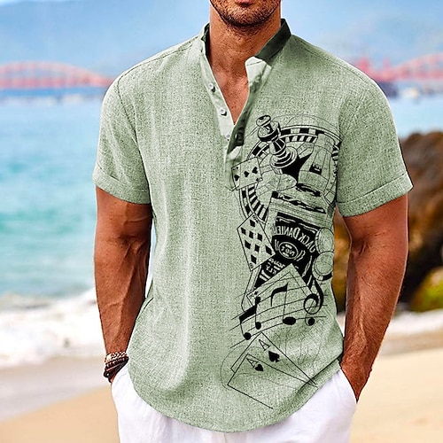 

Men's Shirt Linen Shirt Graphic Prints Poker Stand Collar Pink Green Khaki Gray Outdoor Street Short Sleeve Print Clothing Apparel Linen Fashion Streetwear Designer Casual