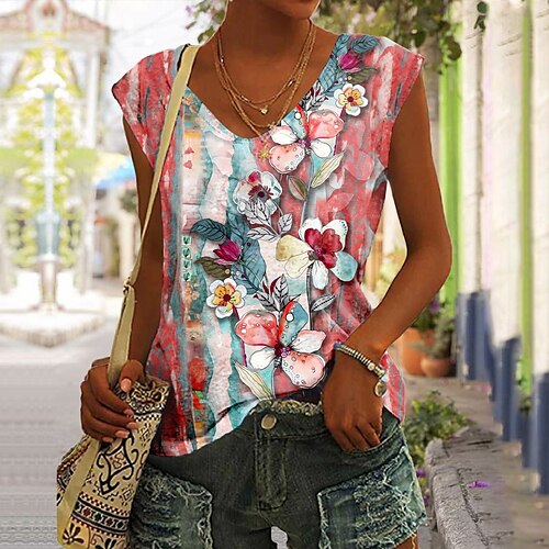 

Women's Tank Top Pink Red Blue Floral Print Sleeveless Casual Holiday Basic V Neck Regular Floral S