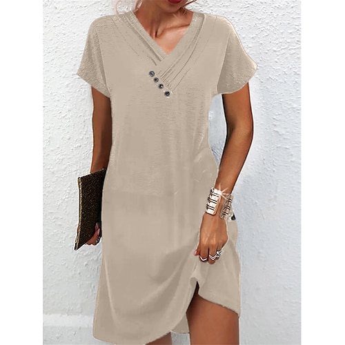 

Women's Casual Dress Summer Dress Plain Dress Mini Dress Button Daily Date Going out Fashion Basic V Neck Short Sleeve 2023 Regular Fit Black Pink Blue Color S M L XL XXL Size