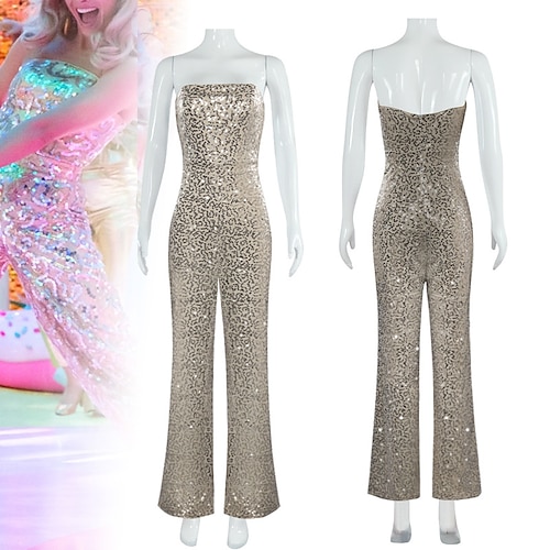 

2023 Margot Robbie Gold Disco Jumpsuit Outfit Doll Retro Vintage 1980s Women's Dancing Queen Movie Cosplay Costume