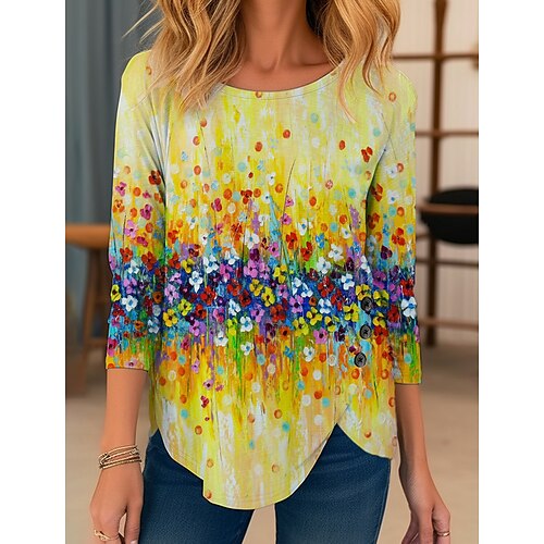 

Mujer Camiseta Amarillo Rosa Azul Piscina Floral Estampado Manga Larga Festivos Fin de semana Básico Escote Redondo Regular Flor Pintura S