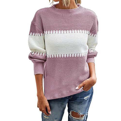 

Damen Pullover Strickwaren Gerippt Stricken Patchwork Farbblock Rundhalsausschnitt Stilvoll Brautkleider schlicht Outdoor Täglich Laternenärmel Herbst Winter Schwarz Rosa Königsblau S