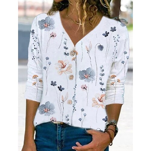 

Damen T Shirt Weiß Blumen Taste Bedruckt Langarm Festtage Wochenende Basic V Ausschnitt Standard Blume Farbe S