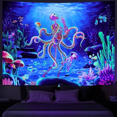 

Halloween Skeleton Octopus Blacklight Tapestry UV Reactive Trippy Undersea Misty Mushroom Hanging Tapestry Wall Art Mural for Living Room Bedroom