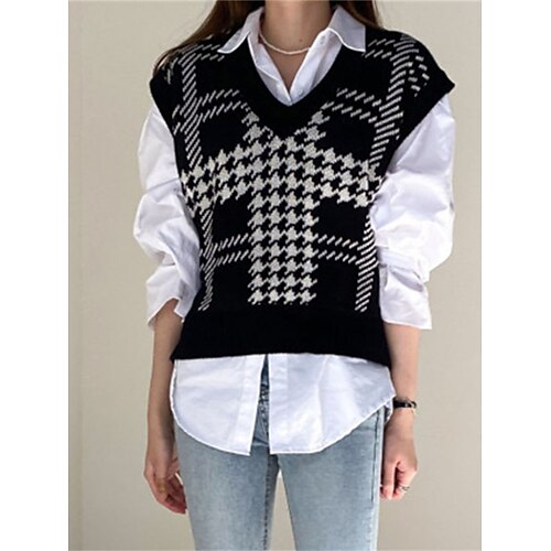 

Mujer Chaleco suéter Puente Croché Tejer Estampado Plaid Escote en Pico Sensual Casual Diario Festivos Verano Otoño Negro Caqui Tamaño Único