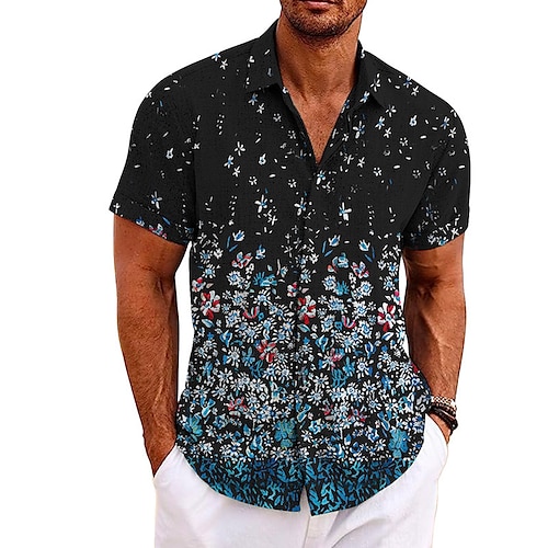 

Hombre Camisa camisa de lino Floral Estampados Cuello Vuelto Amarillo Azul Piscina Exterior Calle Mangas cortas Estampado Ropa Lino Moda Design Casual Suave