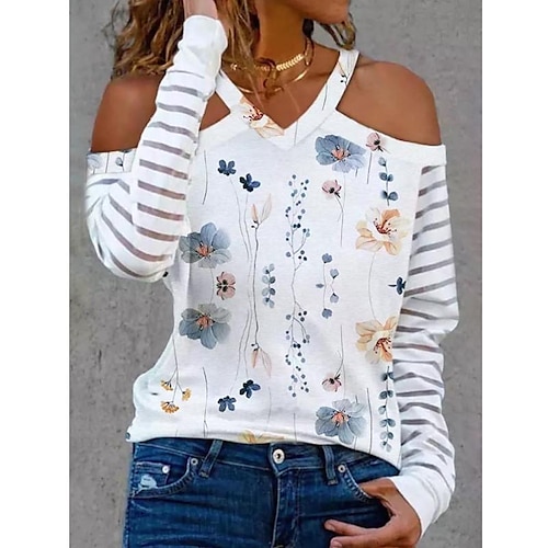 T shirt Tee Femme Blanche Floral Lettre Découpé Imprimer manche longue Casual Vacances basique Col V Normal Standard Fleur S