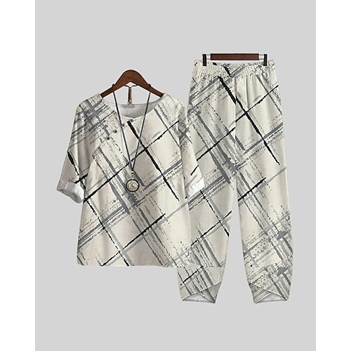 

Damen Hemd Hosen-Sets Weiß Purpur Khaki Plaid Bedruckt Festtage Wochenende Basic Rundhalsausschnitt