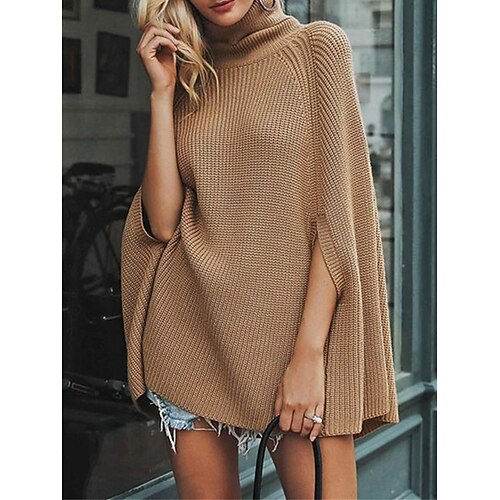 

Women's Shrug Jumper Ribbed Knit Braided Solid Color Turtleneck Stylish Casual Outdoor Daily Spring Fall Black White S M L